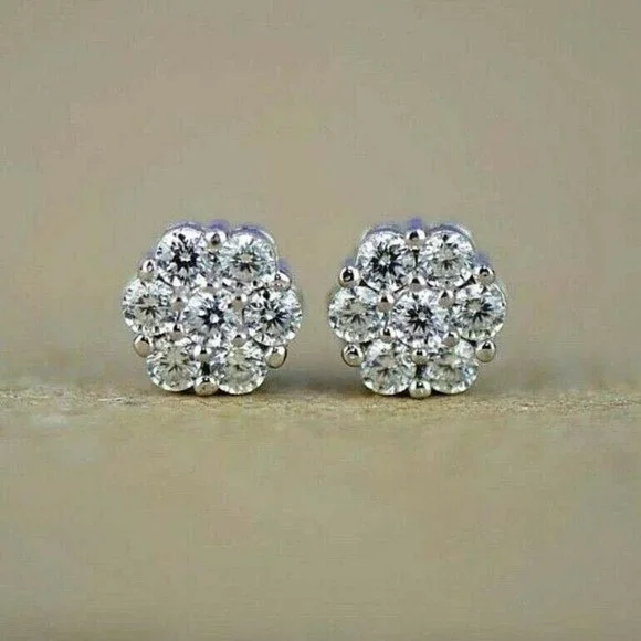 Authentic Solid 14k Gold Cluster Stud Earrings White Stones Medium- 8mm x 3mm